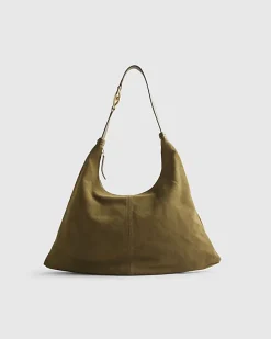 Khaki Suede Chain Link Handle Shoulder Bag