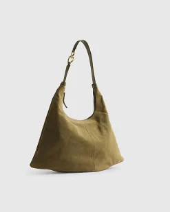 Khaki Suede Chain Link Handle Shoulder Bag