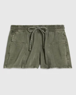 Khaki Tie Waist Denim Shorts