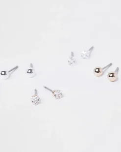 Metal Cubic Zirconia Stud Earrings Multipack
