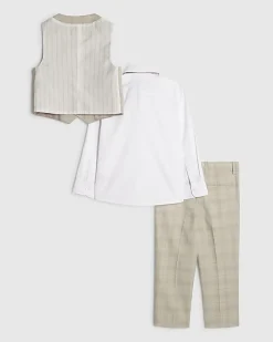 Mini Boys Beige Check Waistcoat 4 Piece Set