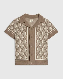Mini Boys Beige Geometric Knitted Shirt