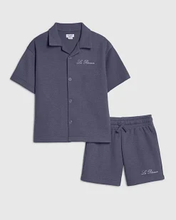 Mini Boys Blue Textured Shirt Set