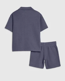 Mini Boys Blue Textured Shirt Set