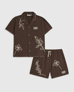 Mini Boys Brown Embroidered Floral Swim Set