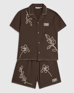 Mini Boys Brown Embroidered Floral Swim Set