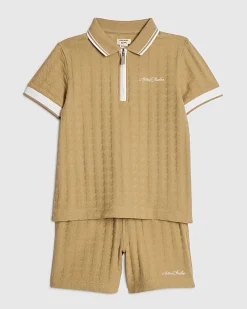 Mini Boys Brown Polo Shirt And Shorts Set