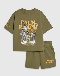 Mini Boys Khaki Palm Beach T-Shirt Set