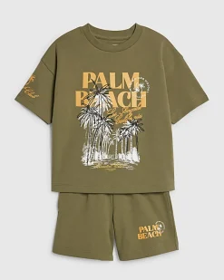 Mini Boys Khaki Palm Beach T-Shirt Set