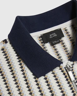 Mini Boys Navy Crochet Stripe Zip Polo Shirt