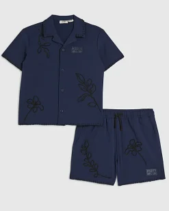 Mini Boys Navy Embroidered Floral Swim Set