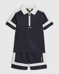 Mini Boys Navy Slim Blocked Polo Set