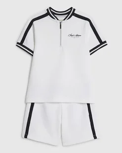 Mini Boys White Baseball Polo Shirt Set