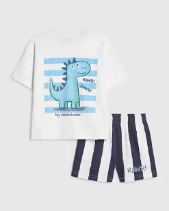 Mini Boys White Dino Striped T-Shirt Set