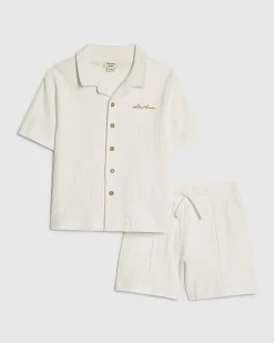 Mini Boys White Textured Shirt Set