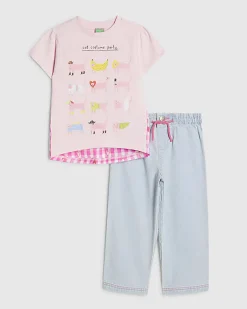 Mini Girl Pink Cat T-Shirt And Jeans Set