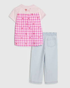 Mini Girl Pink Cat T-Shirt And Jeans Set