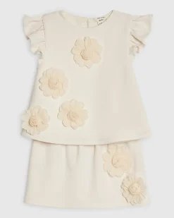 Mini Girls Beige 3D Rosette Skirt Set