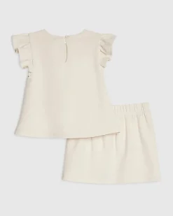 Mini Girls Beige 3D Rosette Skirt Set
