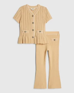 Mini Girls Beige Peplum Hem Short Sleeve Top