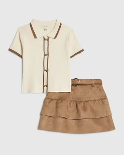 Mini Girls Beige Suede Skirt Set