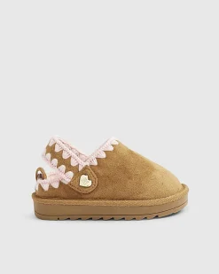 Mini Girls Beige Whipstitch Strap Slippers