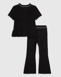 Mini Girls Black Peplum Hem Short Sleeve Top