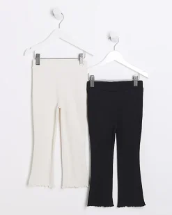 Mini girls black rib flare trousers 2 pack