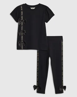 Mini Girls Black Satin Bow T-Shirt Set