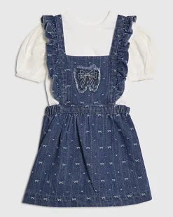 Mini Girls Blue Bow Pinafore Shirt Dress