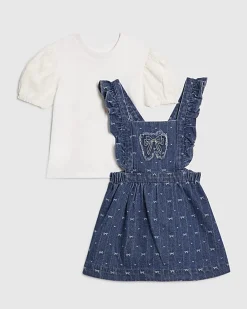 Mini Girls Blue Bow Pinafore Shirt Dress