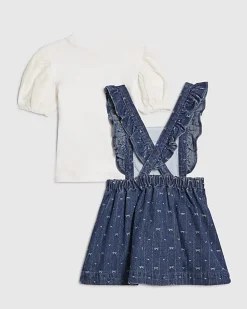 Mini Girls Blue Bow Pinafore Shirt Dress