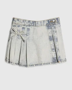 Mini Girls Blue Bow Pleated Denim Skort