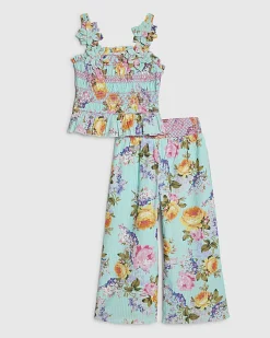 Mini Girls Blue Floral Cotton Trousers Set