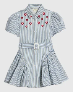 Mini Girls Blue Heart Stripe Shirt Dress