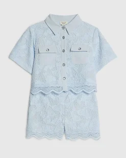 Mini Girls Blue Lace Blouse And Shorts Set