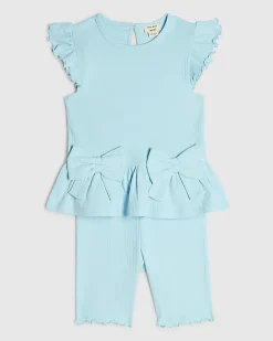 Mini Girls Blue Peplum Bow Rib Shorts Set