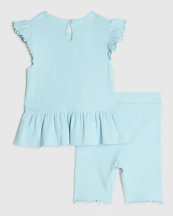 Mini Girls Blue Peplum Bow Rib Shorts Set
