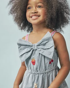 Mini Girls Blue Stripe Embroidered Bow Dress