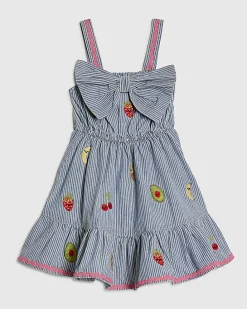 Mini Girls Blue Stripe Embroidered Bow Dress