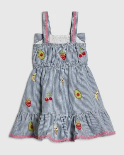 Mini Girls Blue Stripe Embroidered Bow Dress