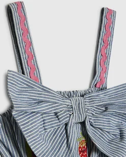 Mini Girls Blue Stripe Embroidered Bow Dress