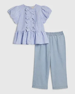 Mini Girls Blue Stripe Top And Jeans Set