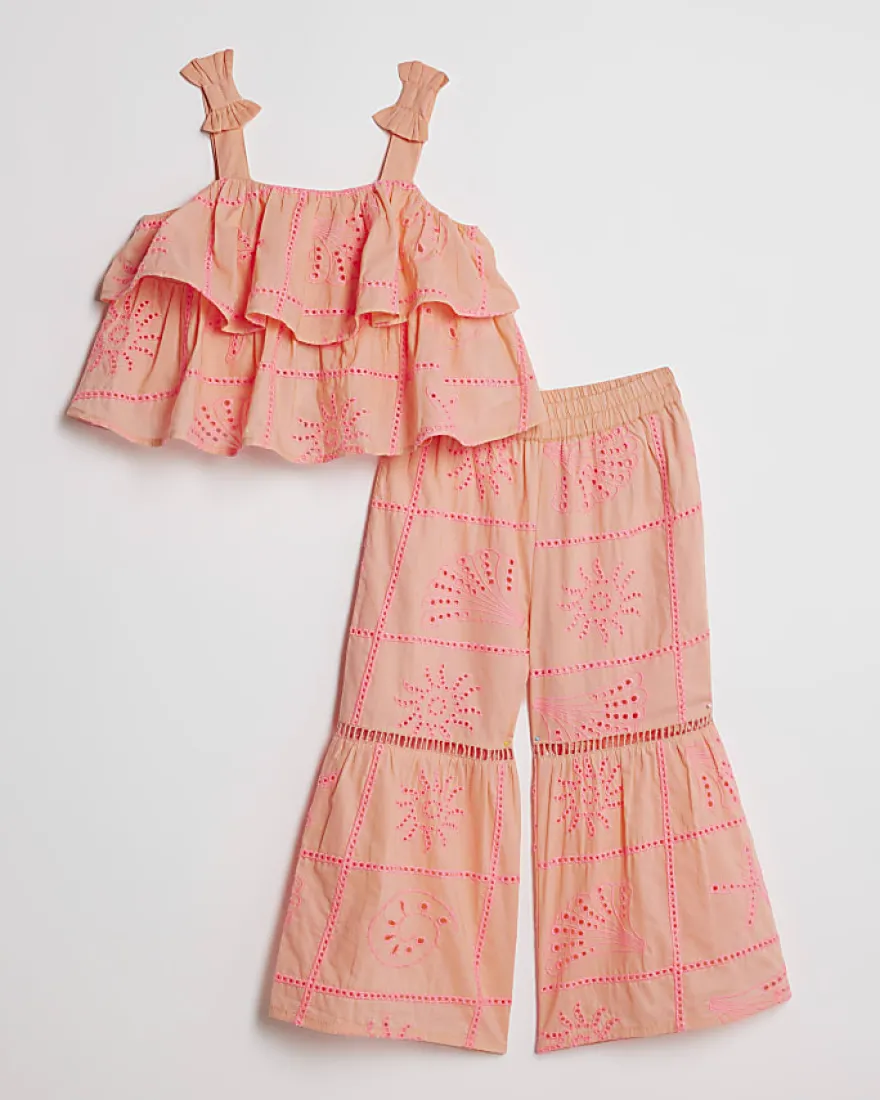 Mini Girls Coral Tiered Broderie Top Set