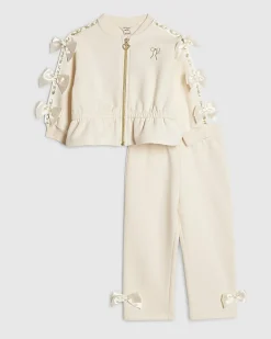 Mini Girls Cream Bow Cinched Sweatshirt Set
