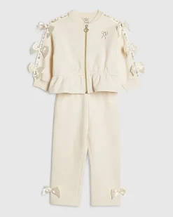 Mini Girls Cream Bow Cinched Sweatshirt Set