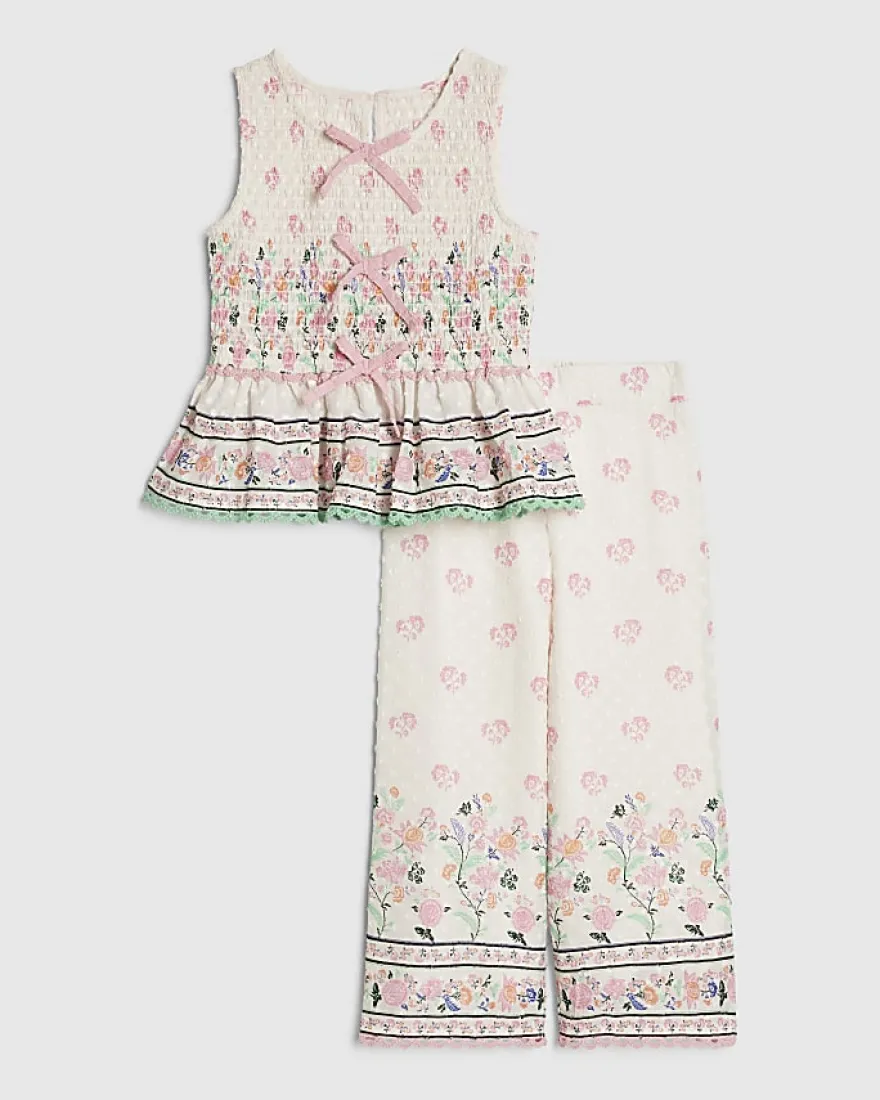 Mini Girls Cream Cotton Top and Trouser Set