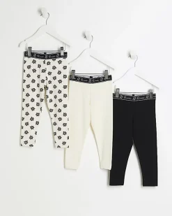 Mini Girls Cream floral Print Leggings 3 pack