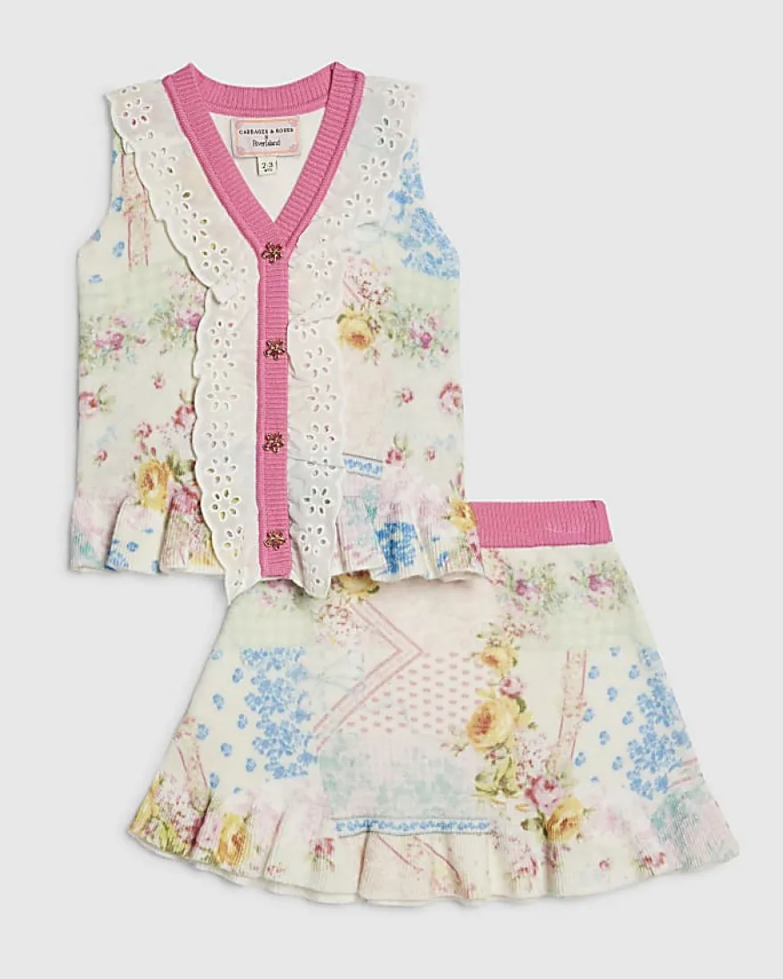 Mini Girls Cream Floral Skirt Set