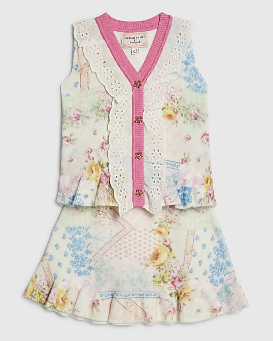 Mini Girls Cream Floral Skirt Set